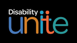 the disability unite logo, with multi color letters on black background